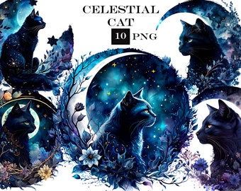 Puede incluir: Diez ilustraciones digitales de gatos negros con elementos celestiales, incluyendo lunas, estrellas y acentos florales. Los gatos están representados en un estilo acuarela con una gama de colores azul y morado.