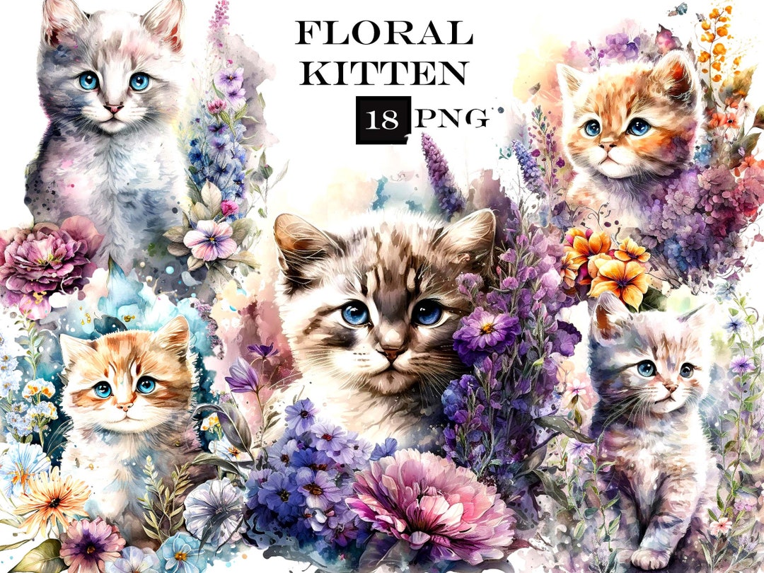 Watercolor Kitten Clipart, Animal PNG, Cute Floral Cat Clipart Bundle ...