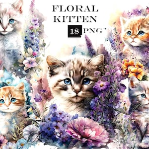 Aquarelle chaton clipart, animal PNG, lot de cliparts chat floral mignon, chat PNG, téléchargement immédiat