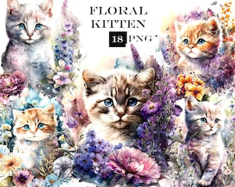 Acuarela gatito ClipArt, Animal PNG, Lindo paquete de imágenes prediseñadas de gato floral, Gato PNG, Descarga digital instantánea