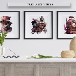 May include: Three framed illustrations with a white background. The left illustration features a cat wearing a top hat and goggles. The middle illustration features a pink and gold carriage with wheels. The right illustration features a pink and gold clock with wings.