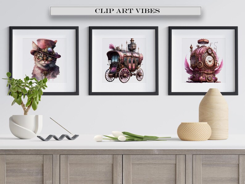 May include: Three framed illustrations with a white background. The left illustration features a cat wearing a top hat and goggles. The middle illustration features a pink and gold carriage with wheels. The right illustration features a pink and gold clock with wings.