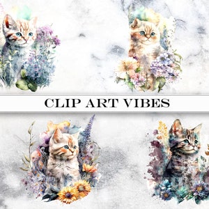 Watercolor Kitten Clipart, Animal PNG, Cute Floral Cat Clipart Bundle ...