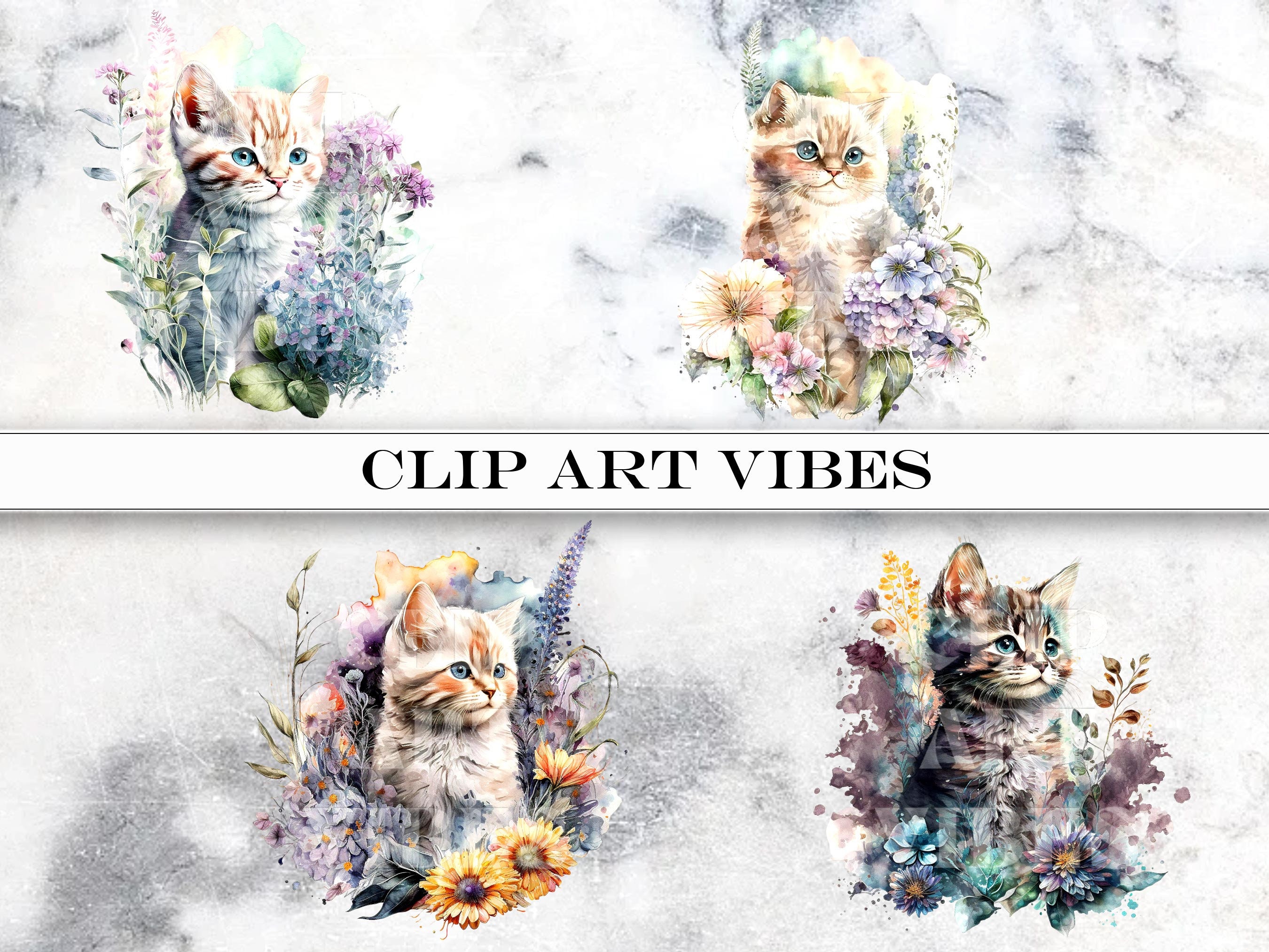 Watercolor Kitten Clipart, Animal PNG, Cute Floral Cat Clipart Bundle ...