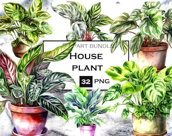 32 PNG House Plant Clipart Bundle, Floral Clip Art PNG files with Transparent Background for Junk Journals and Scrapbooking