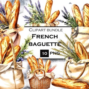 Lot de cliparts pâtisserie, clipart nourriture, baguette française PNG avec fond transparent pour carnets indésirables et scrapbooking