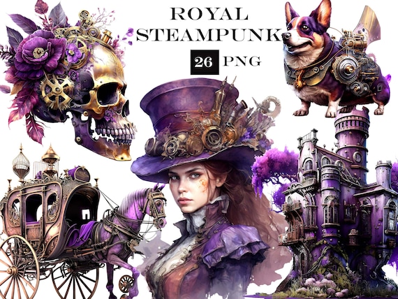 Royal Steampunk ClipArt, Watercolor Steampunk PNG, Victorian Clipart Bundle, Fantasy Clipart, Commercial Use, Instant Digital Download