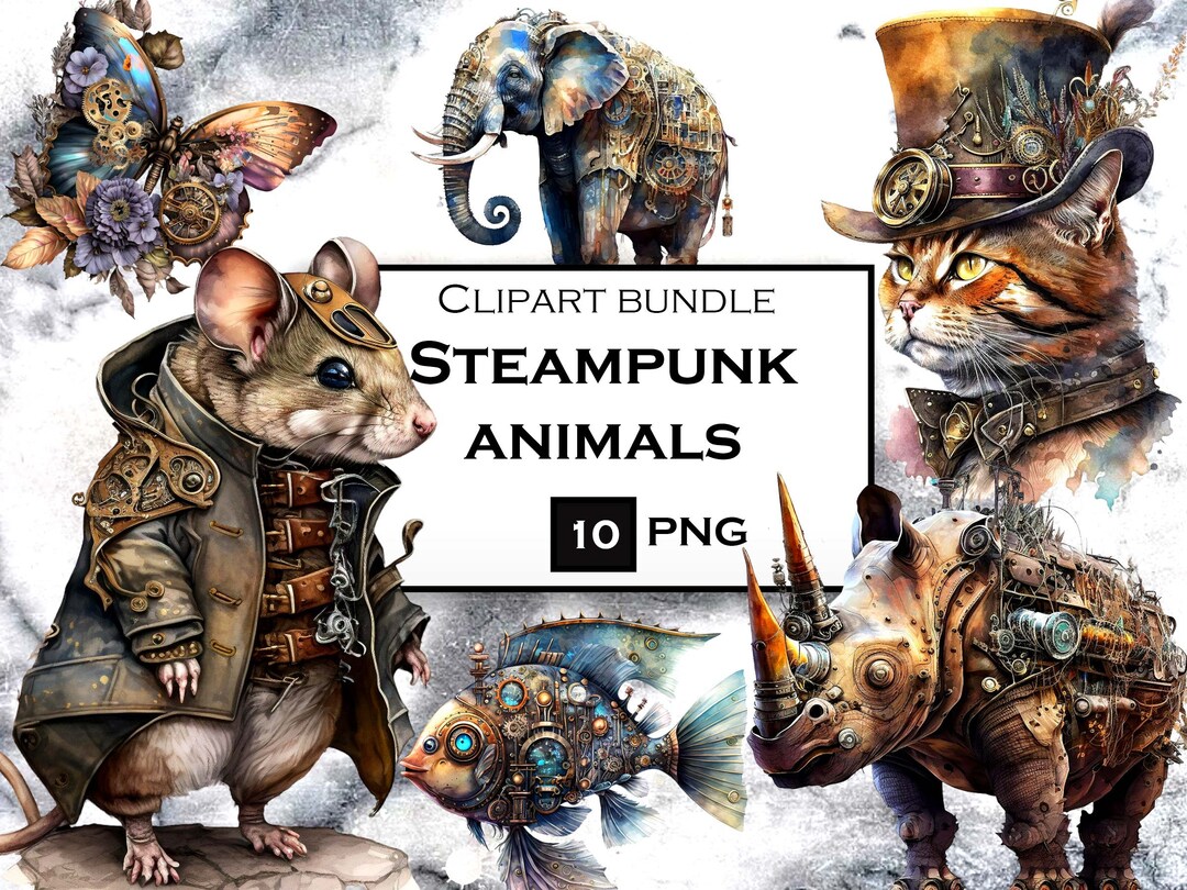 Steampunk Animals Clipart, Watercolor Steampunk PNG, Victorian Clipart ...