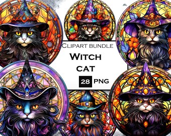 Paquete de imágenes prediseñadas de gato brujo: 28 diseños PNG místicos (descarga digital)