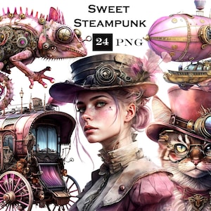 24 Steampunk Clipart Bundle: Victorian Watercolor Fantasy, Instant Digital Download PNG