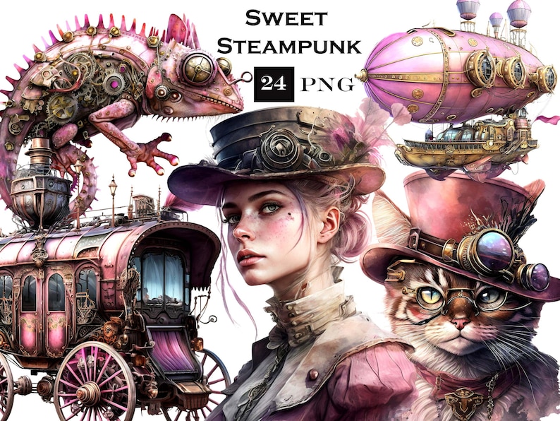 4 Steampunk Clipart Bundle: Victorian Watercolor Fantasy, Instant Digital Download PNG
