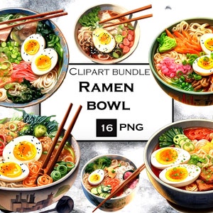 Pacote de clipart aquarela tigela de ramen, fundo transparente PNG, arte de sopa de macarrão japonês