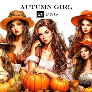Lindo paquete de imágenes prediseñadas PNG de chica de otoño, acogedor paquete de imágenes prediseñadas de mujeres de moda de otoño para diseños artesanales de otoño