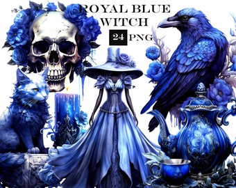Royal Blue Witch Clipart Bundle: Watercolor Wiccan PNG Files (Digital Download)