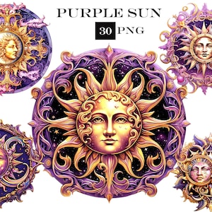 Purple Sun Watercolor Clipart Bundle, Vintage PNG Files with Transparent Background for Instant Digital Download