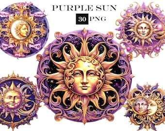 Purple Sun Watercolor Clipart: Vintage PNG Bundle (Digital Download)