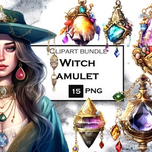 Pacote de clipart de amuleto de bruxa em aquarela: 15 gráficos de bruxaria em PNG (download digital)