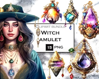 Watercolor Witch Amulet Clipart Bundle: 15 PNG Witchcraft Graphics (Digital Download)