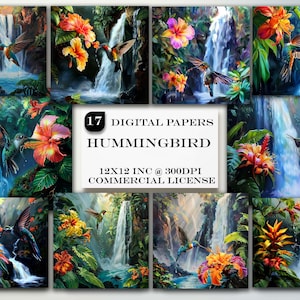 Può includere: Un set di 17 carte digitali con colibrì in un ambiente di foresta pluviale tropicale con cascate e fiori vibranti. Le carte sono di 30,5 x 30,5 cm a 300 DPI e sono fornite con una licenza commerciale.