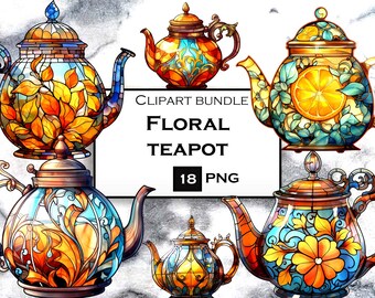 Clipart de bule, xícara de chá em aquarela PNG, clipart de festa de chá, vitral, uso comercial, download digital instantâneo