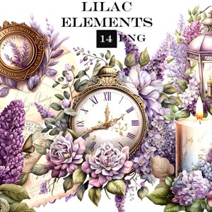 14 PNG Lilac Clipart Bundle, Flower Clip Art, Floral Candle PNG with Transparent Background