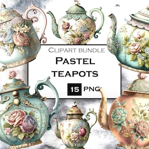 Könnte beinhalten: Ein Set mit 15 pastellfarbenen Teekannen mit Blumendesigns. Die Teekannen sind in verschiedenen Blautönen, Grüntönen und Rosatönen gehalten. Die Teekannen sind mit zarten Blumenmustern und goldenen Akzenten verziert. Die Teekannen sind perfekt, um jedem Zuhause einen Hauch von Vintage-Charme zu verleihen.