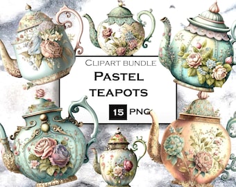 ClipArt de tetera floral, taza de té de acuarela PNG, imágenes prediseñadas de flores románticas, PNG vintage, uso comercial, descarga digital instantánea