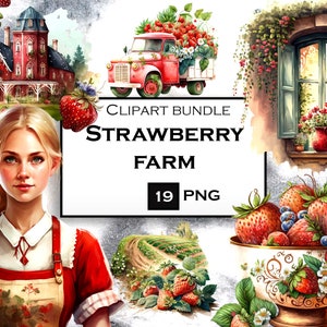 Bundle de cliparts ferme aux fraises, clipart ferme, fraise PNG, clipart été, téléchargement immédiat