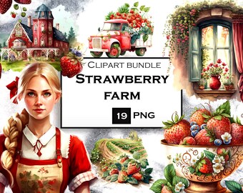 Strawberry Farm Clipart Bundle, Farmhouse Clipart, Strawberry PNG, Summer Clipart, Instant Digital Download