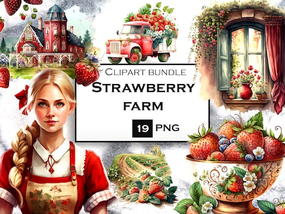 Strawberry Farm Clipart Bundle, Farmhouse Clipart, Strawberry PNG, Summer Clipart, Instant Digital Download