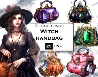 25 PNG Witch Clipart Bundle, Watercolor Witch Handbag Clip Art PNG Bundle, Witchery Clipart Bundle, Witchcraft PNG, Commercial Use