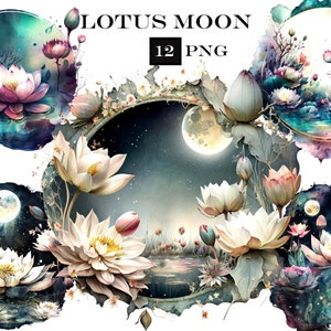 Lotus Moon Clip Art, acuarela PNG, estanque de loto, flor PNG, uso comercial, descarga digital instantánea