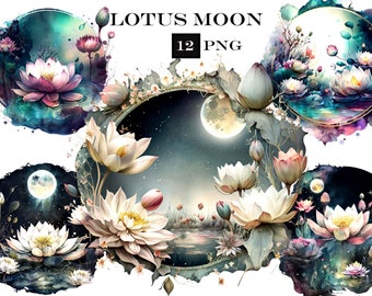 Clipart de lua de lótus, aquarela PNG, lago de lótus, flor PNG, uso comercial, download digital instantâneo