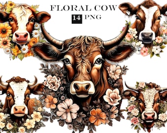 Pacchetto di clipart PNG di mucche floreali: disegni di mucche delle Highlands ad acquerello (download digitale)
