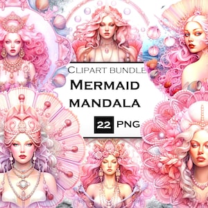 Mermaid Mandala Clipart Bundle: 22 PNG Watercolor Graphics (Digital Download)