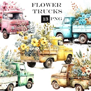 lower Truck Clip Art, Watercolor Truck Cilp Art Bundle, Romantic Truck Clipart, Floral PNG, Commercial Use, Instant Digital Download