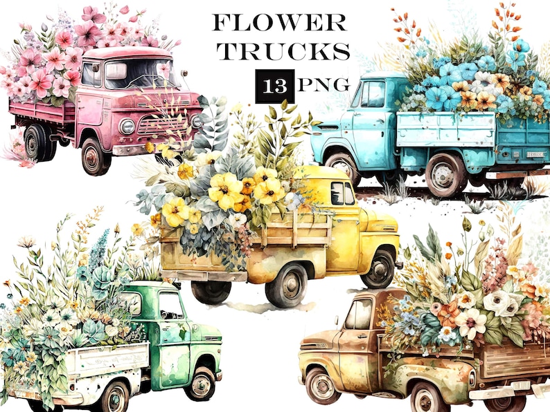 lower Truck Clip Art, Watercolor Truck Cilp Art Bundle, Romantic Truck Clipart, Floral PNG, Commercial Use, Instant Digital Download