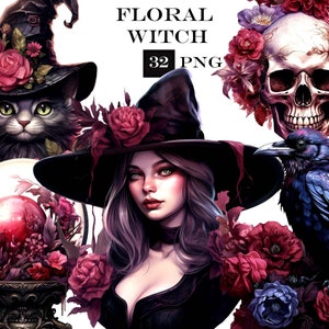 Witch Clipart Bundle, Floral Witch PNG Bundle with Transparent Background for Witchcraft Designs
