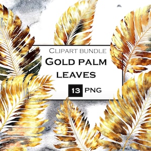 13 PNG aquarel gouden palmblad clipart bundel, palmblad SVG, tropische PNG clip art bundel, instant digitale download voor commercieel gebruik
