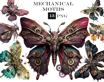 Steampunk Moths Clipart, Watercolor Mechanical Moth PNG, Butterfly Clipart Bundle, Moth PNG, Commercial Use, Instant Digital Download