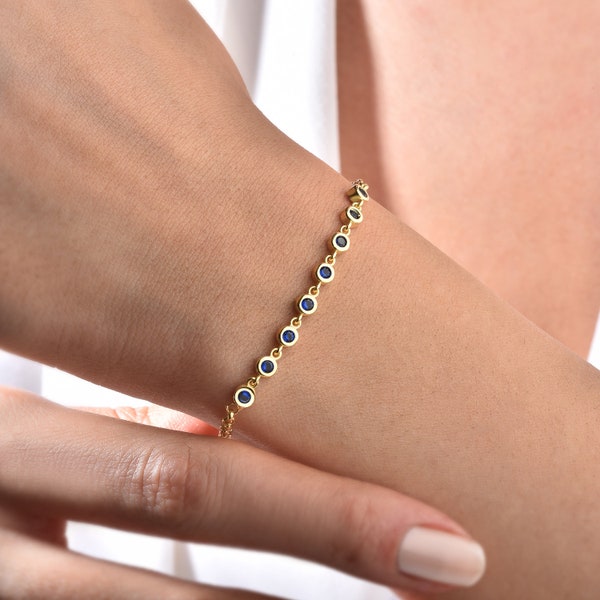 18 Karat Gold Plated Tennis Bracelet with Round-Cut Blue Zirconia, 925 Sterling Silver Layering Bracelet, Delicate Bridesmaid Gift,