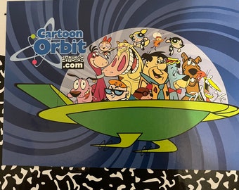 May include: A colorful graphic featuring cartoon characters from various animated shows, including Courage the Cowardly Dog, Dexter, and Fred Flintstone, inside a green spaceship. The text "Cartoon Orbit" is displayed above the characters.
