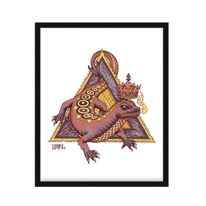 Fire Salamander, Spitting Flames - Crowned Mythological Creature 8.5"x11" Art Print