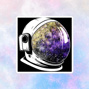 May include: A black and white illustration of an astronaut's helmet with a galaxy inside. The galaxy is a mix of purple, yellow, and white.