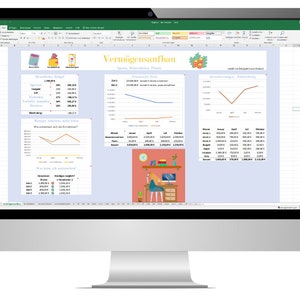 Puede incluir: Una pantalla de computadora que muestra una hoja de cálculo con gráficos y diagramas. La hoja de cálculo se titula "Vermögensaufbauen" e incluye datos sobre finanzas e inversiones. La hoja de cálculo también incluye una ilustración de dibujos animados de una persona trabajando en un escritorio.