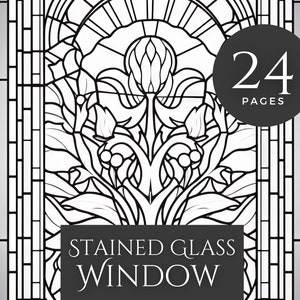 May include: Black and white line art illustration of a stained glass window with a floral design. The text "STAINED GLASS WINDOW" and "MIX-N-MAX COLORING PAGES" is below the image. The number "24" is in a circle with the word "PAGES" below it.