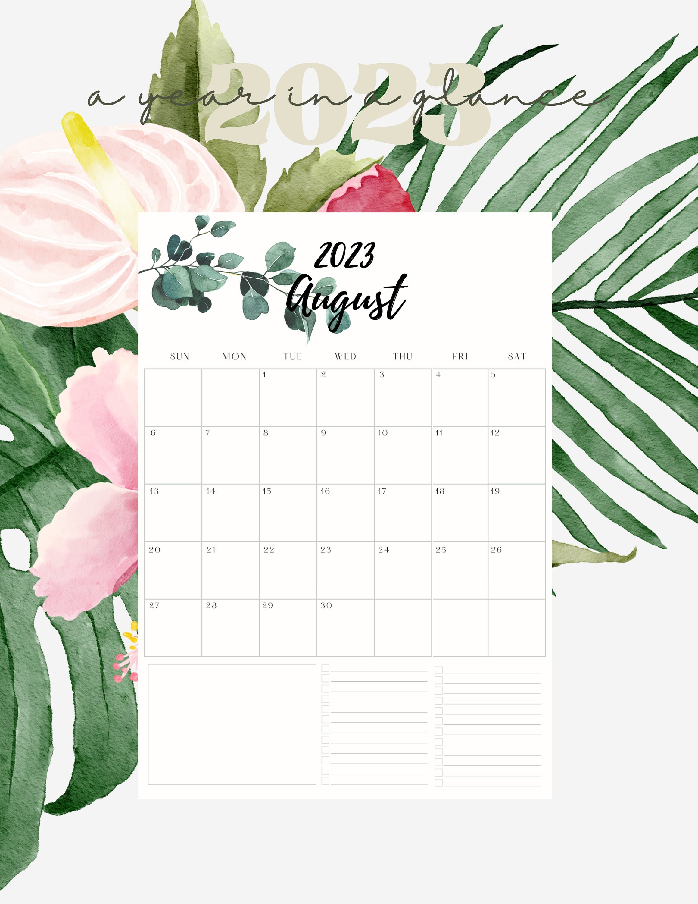 2023 Calendar Printable PDF, Horizontal Floral Handlettering, Monthly ...