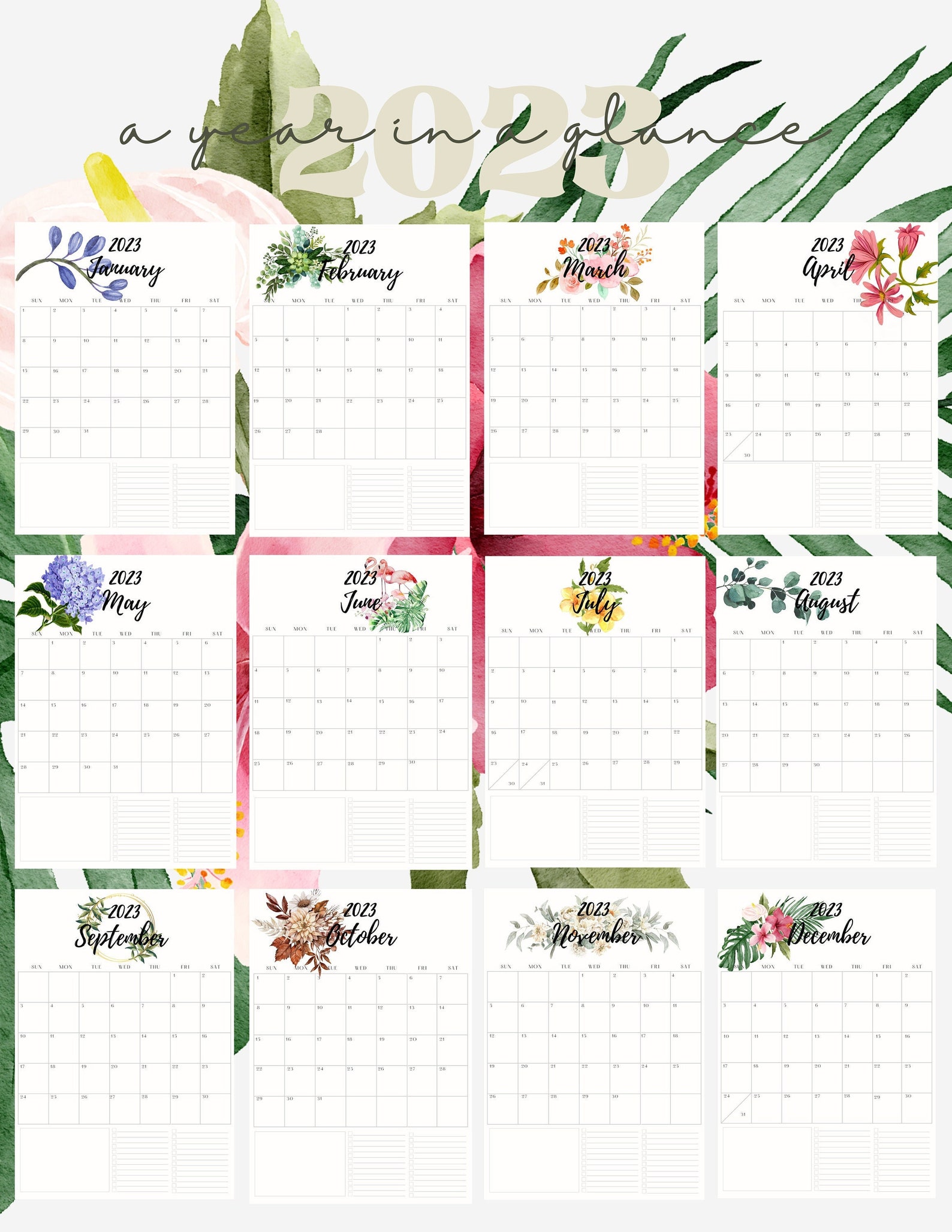 2023 Calendar Printable PDF, Horizontal Floral Handlettering, Monthly ...