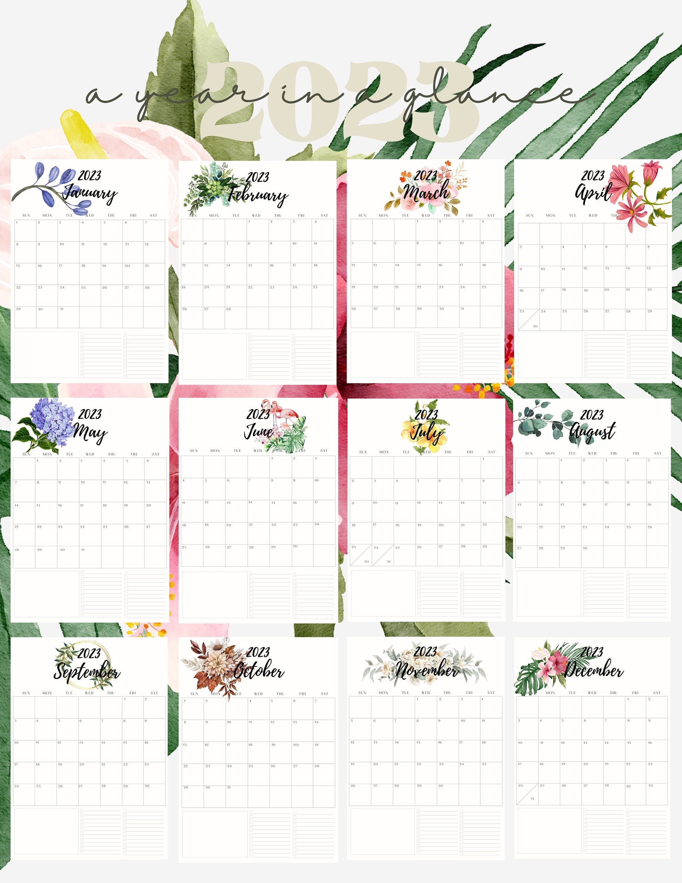 2023 Calendar Printable PDF, Horizontal Floral Handlettering, Monthly ...