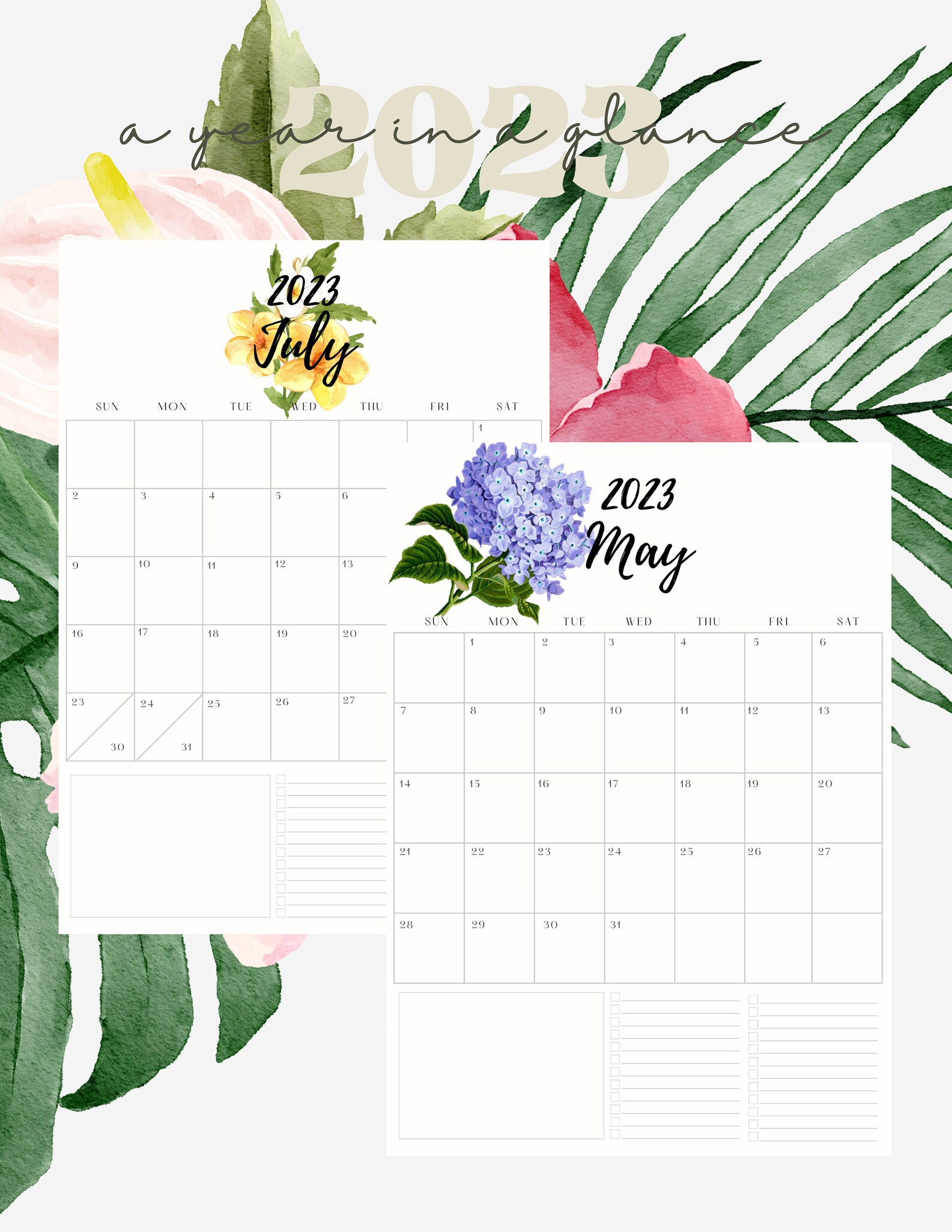 2023 Calendar Printable PDF, Horizontal Floral Handlettering, Monthly ...